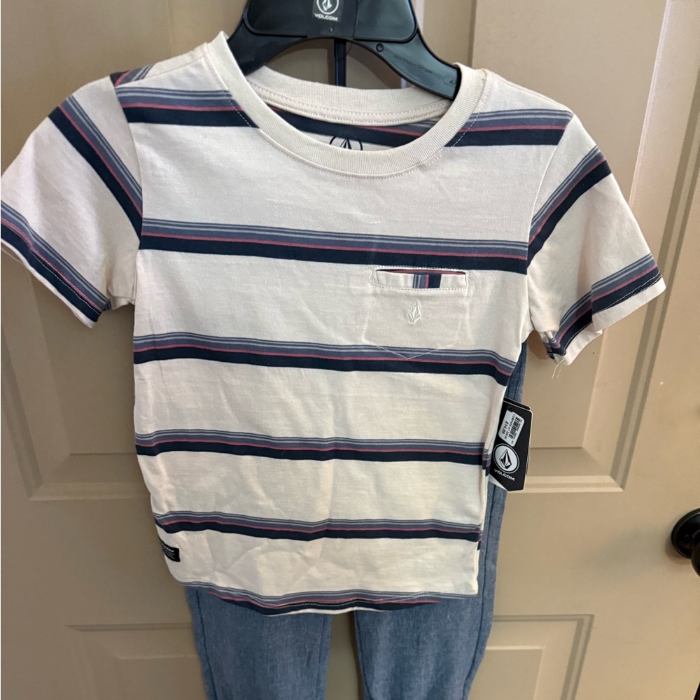 Volcom Kids Striped Tee And Pant set.Cream and Blue